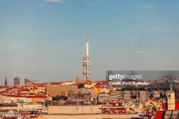 an aerial view of zizkov tv tower and zizkov district in prague - czech republic skyline stock pictures, royalty-free photos & images