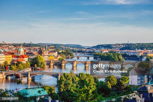 panoramic view of prague's old town, vltava river and bridges at sunset - eastern europe ストックフォトと画像