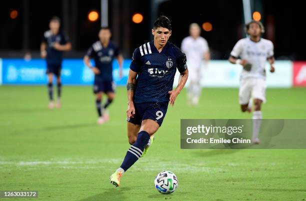 Alan Pulido of Sporting Kansas City controls the ball during a quarterfinals match against Philadelphia Union during the MLS Is Back Tournament at...