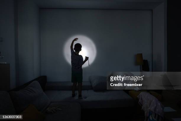 junge macht schattenpuppen mit hand und taschenlampe - flashlight stock-fotos und bilder