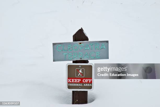 Cleopatra Terrace sign at Mammoth Hot Springs in Yellowstone National Park in Wyoming.
