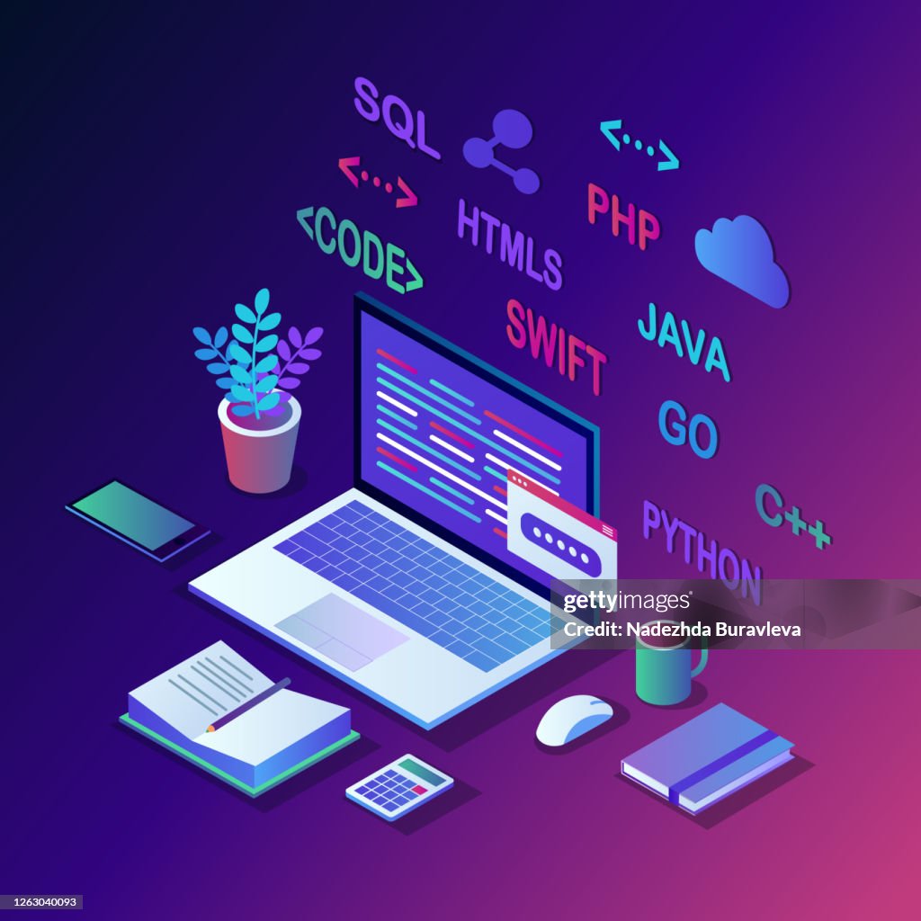 Software Development Programming Language Coding 3d Isometric Laptop ...