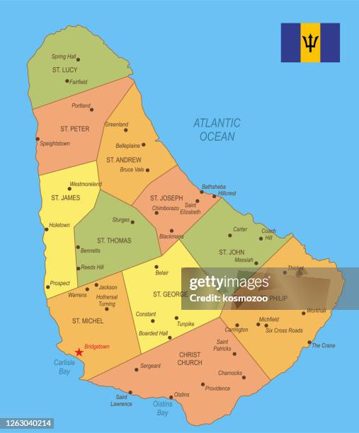 ilustrações, clipart, desenhos animados e ícones de mapa plano de barbados com bandeira - barbados