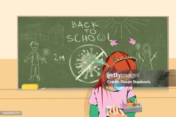 schoolgirl in the classroom wearing a face mask - attending stock illustrations