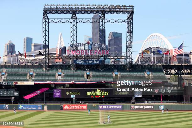 General view of signage prior to an Opening Day game between the Seattle Mariners and Oakland Athletics at T-Mobile Park on July 31, 2020 in Seattle,...