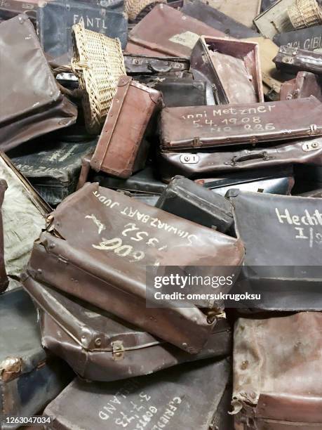 old suitcases of deported in auschwitz, poland - concentration camp stock pictures, royalty-free photos & images