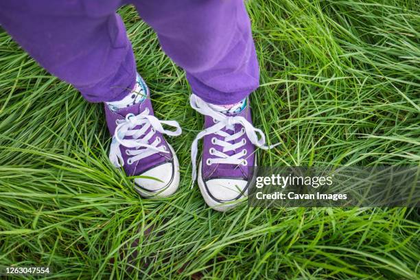 girl wearing purple pants and shoes standing in long green grass - colorful shoes stock pictures, royalty-free photos & images