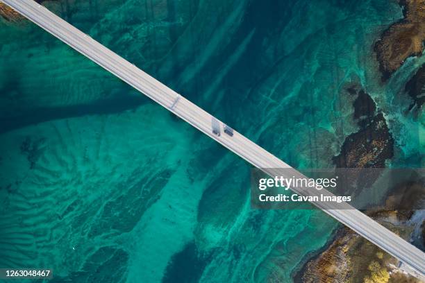 bridge over norway fjords from aerial view - atlantic road norway stock-fotos und bilder
