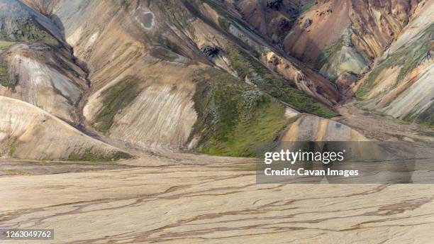 Foothills Of Icelands Highlands Covered With Moss And Sandy Streams, Stock-Foto