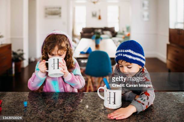 young boy and girl drinking hot chocolate inside on a cold winter day - drinking cold drink stock pictures, royalty-free photos & images