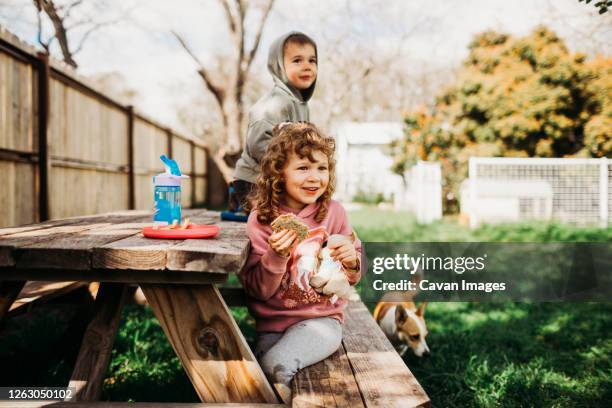 brother and sister eating sandwich and smiling in backyard - breakfast family stock-fotos und bilder