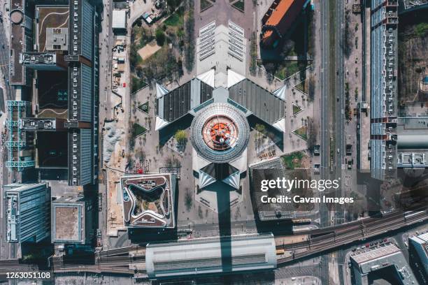 breathtaking overhead aerial view of berlin alexanderplatz tv tower in beautiful daylight - berlin aerial stock pictures, royalty-free photos & images