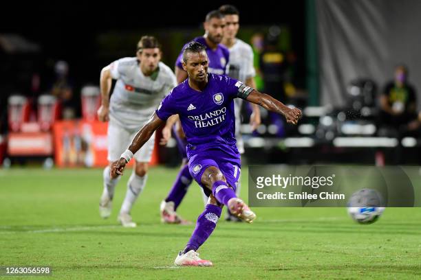 Nani of Orlando City misses a penalty kick during a quarter final match of MLS Is Back Tournament between Orlando City and Los Angeles FC at ESPN...