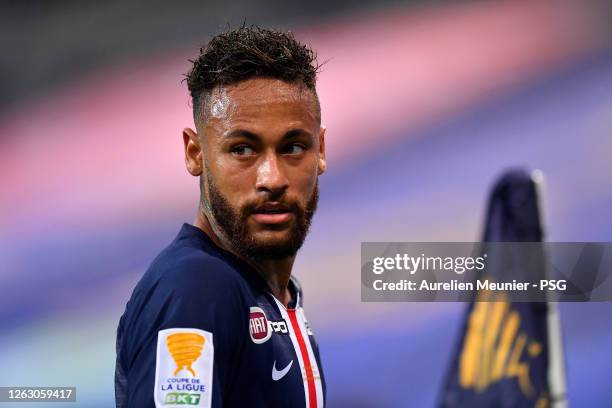 Neymar Jr of Paris Saint-Germain looks on during the French League Cup final between Paris Saint Germain and Olympique Lyonnais at Stade de France on...