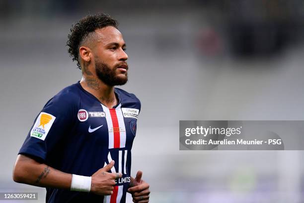 Neymar Jr of Paris Saint-Germain looks on during the French League Cup final between Paris Saint Germain and Olympique Lyonnais at Stade de France on...