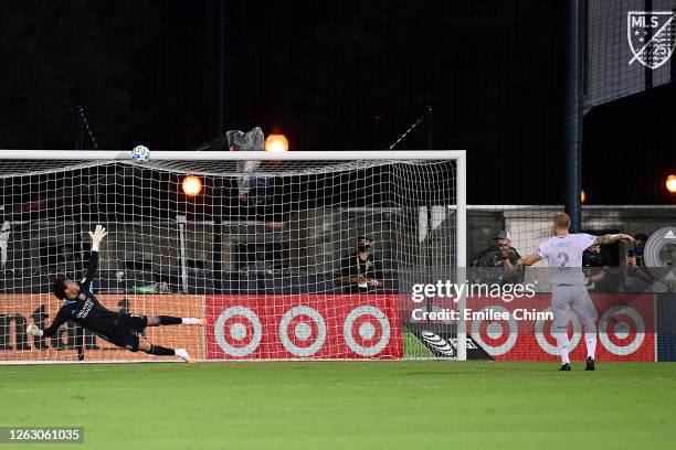 Jordan Harvey of Los Angeles FC misses a penalty in the penalty shoot-out during a quarter final match of MLS Is Back Tournament between Orlando City...