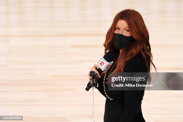 Reporter Rachel Nichols stands on the court before a game between the Houston Rockets and the Dallas Mavericks at The Arena at ESPN Wide World Of...