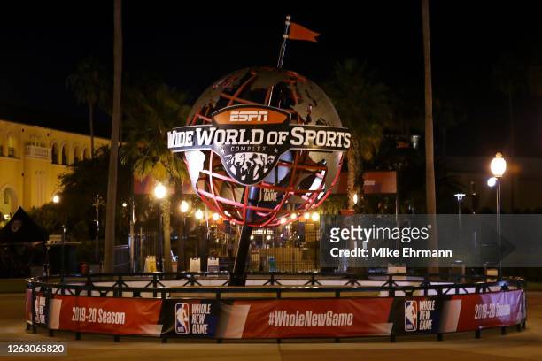 The ESPN Wide World Of Sports Complex globe is seen during a game between the Houston Rockets and the Dallas Mavericks at The Arena on July 31, 2020...