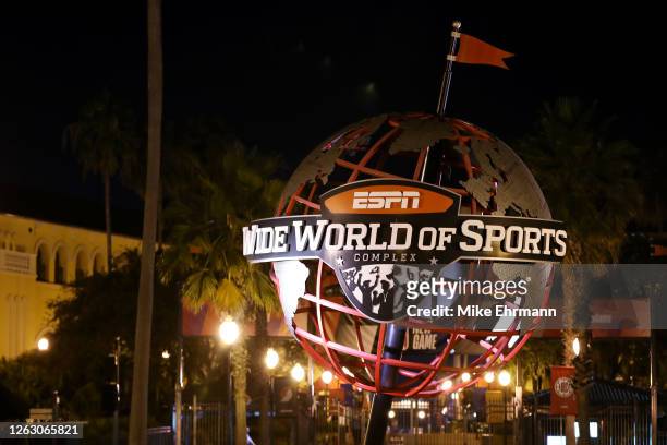 The ESPN Wide World Of Sports Complex globe is seen during a game between the Houston Rockets and the Dallas Mavericks at The Arena on July 31, 2020...