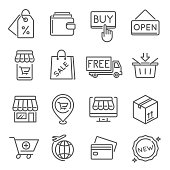 Internet shopping, free delivery thin line icons set isolated on white. Discount, sale pictograms.