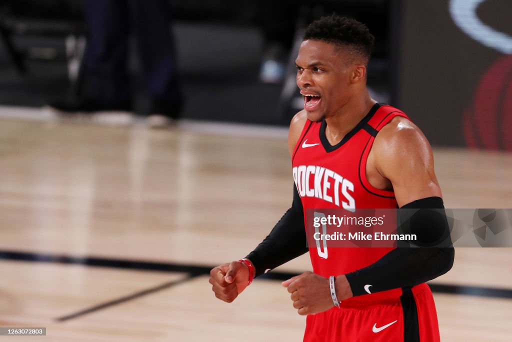 Westbrook Rockets Russell Westbrook of the Houston Rockets reacts during the second ...