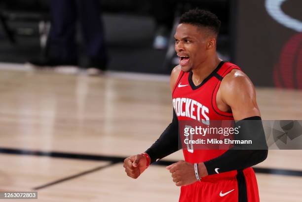 Russell Westbrook of the Houston Rockets reacts during the second half against the Dallas Mavericks at The Arena at ESPN Wide World Of Sports Complex...