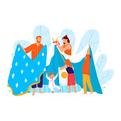 Family fun spend time, parent build plaything tent from blanket isolated on white, cartoon vector illustration. Father mother entertain children.