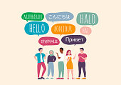 Different Language Speech Bubble Hello Concept. Hello in different languages. Diverse cultures, international communication. Native speakers, friendly man and woman cartoon characters illustration