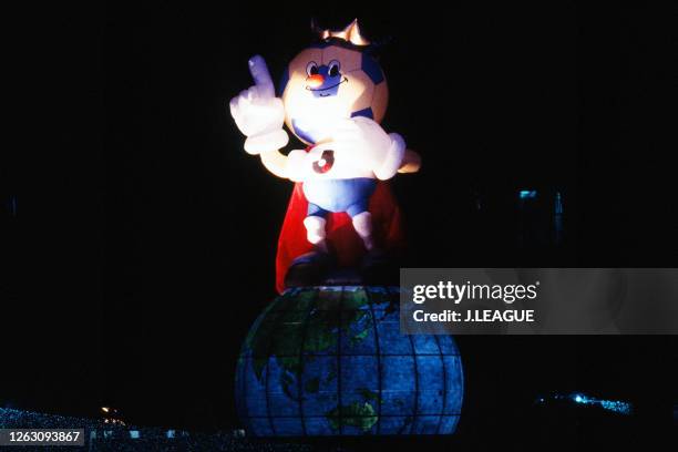 The balloon of J.League mascot 'J.League King' is seen during the opening ceremony of the J.League prior to the Suntory Series match between Verdy...