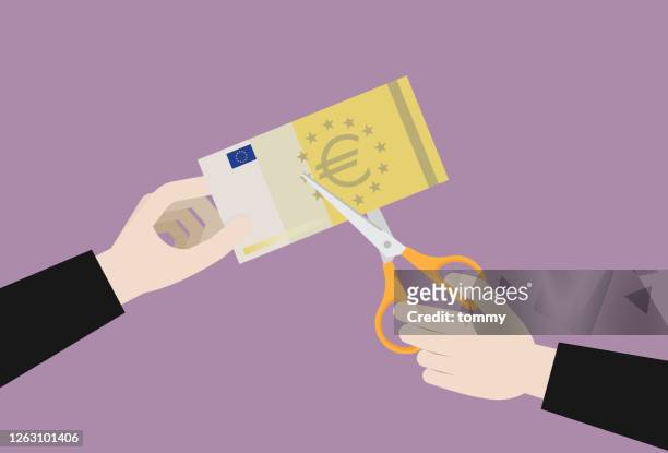 geschäftsmann schneidet mit einer schere eine euro-banknote - spending money stock-grafiken, -clipart, -cartoons und -symbole