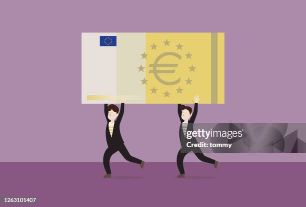 geschäftsleute laufen mit euro-banknoten - banknote stock-grafiken, -clipart, -cartoons und -symbole