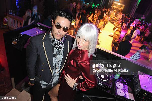 The DJs pose at the Philipp Plein Urban Jungle Spring/Summer 2012 fashion show after party as part Milan Womenswear Fashion Week on September 24,...