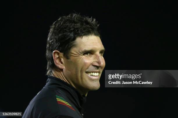Panthers assistant coach Trent Barrett looks on during the round 12 NRL match between the Manly Sea Eagles and the Penrith Panthers at Lottoland on...