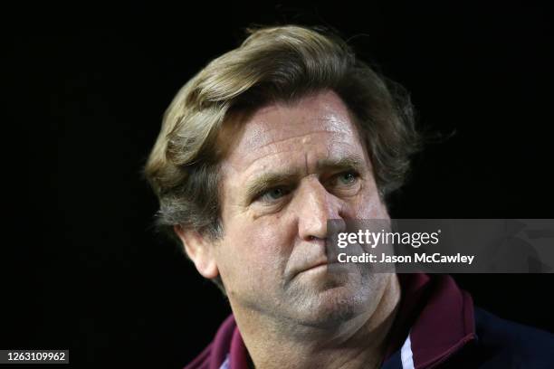 Manly head coach Des Hasler looks on during the round 12 NRL match between the Manly Sea Eagles and the Penrith Panthers at Lottoland on August 01,...