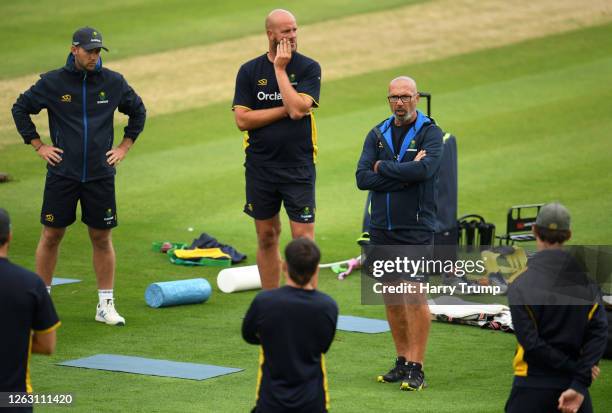 Matthew Maynard, Head Coach of Glamorgan addresses his players as Mark Wallace, Director of Cricket of Glamorgan and David Harrison, Assistant Coach...