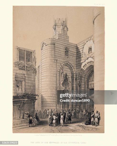 the gate of the metwalis, or bab zuweyleh, cairo - lithograph stock illustrations