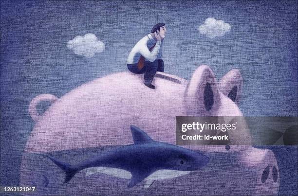 man sitting on piggy bank and thinking - fish painting stock illustrations