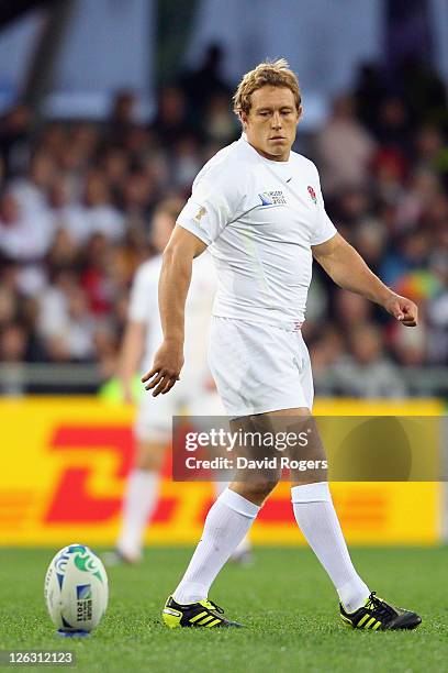 Jonny Wilkinson of England prepares to kick the ball during the IRB 2011 Rugby World Cup Pool B match between England and Romania at Otago Stadium on...