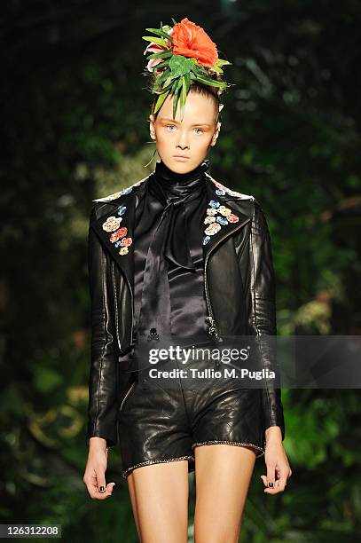 Model walks the runway at the Philipp Plein Urban Jungle Spring/Summer 2012 fashion show as part Milan Womenswear Fashion Week on September 24, 2011...