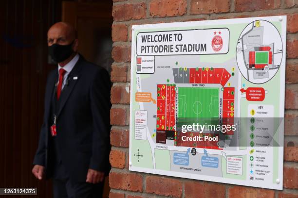 Welcome sign and map of the stadium is seen prior to the Ladbrokes Premiership match between Aberdeen and Rangers at Pittodrie Stadium on August 01,...