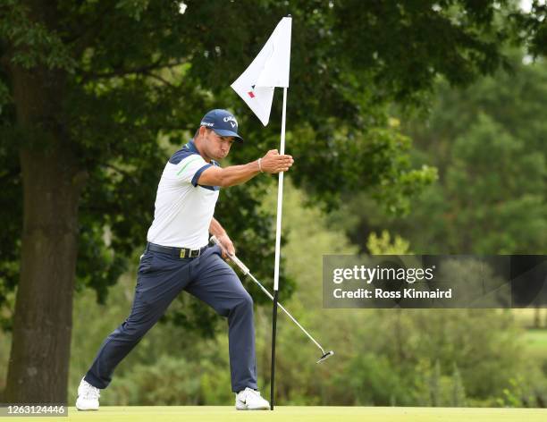 Pablo Larrazabal of Spain reacts after his birdie on the eighth the hole during Day three of the Hero Open at Marriott Forest of Arden on August 01,...