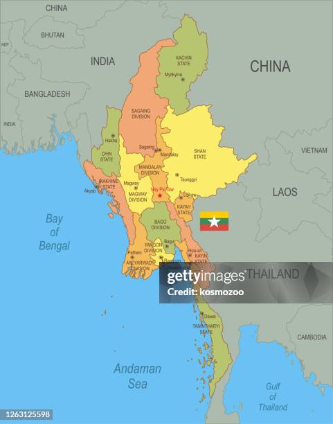 Mapa Plano De Myanmar Con Bandera, Foto de stock
