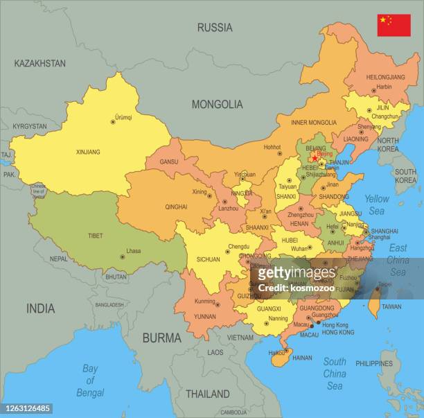 flache karte von china mit flagge - map of china stock-grafiken, -clipart, -cartoons und -symbole