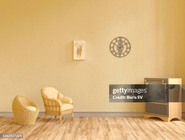 mid-century living room in golden hay color - pastel room stock pictures, royalty-free photos & images