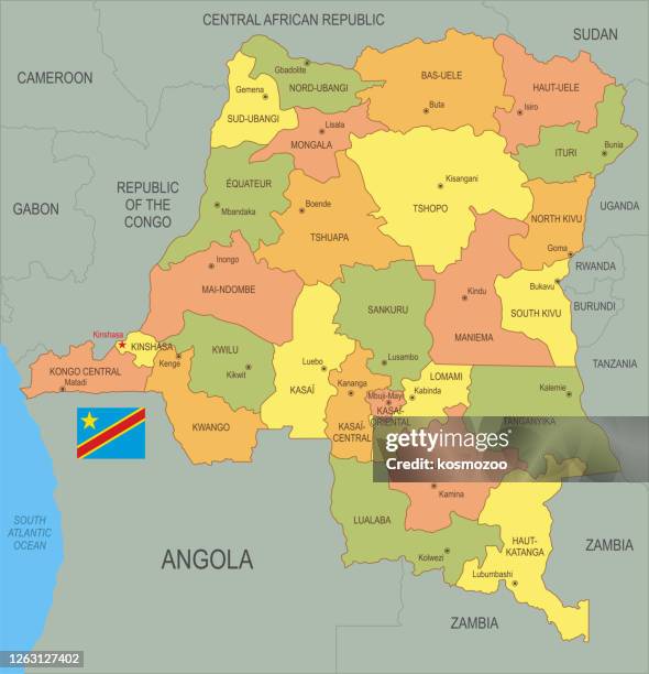 flat map of democratic republic of the congo
 with flag - democratic republic of the congo map stock illustrations