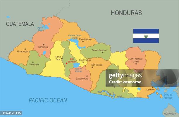 ilustrações, clipart, desenhos animados e ícones de mapa plano de el salvador
 com bandeira - el salvador