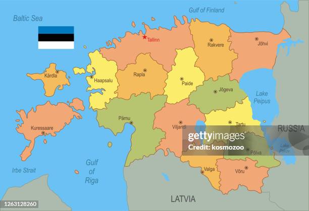 flat map of estonia with flag - estonia map stock illustrations