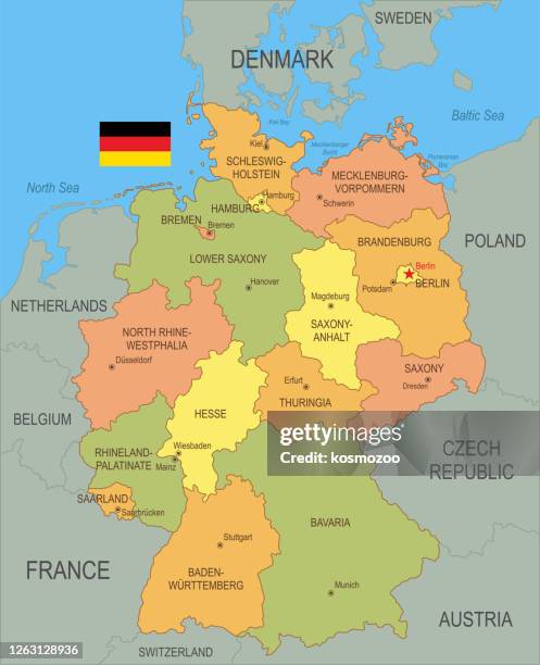 flache deutschlandkarte mit flagge - hauptstadt stock-grafiken, -clipart, -cartoons und -symbole