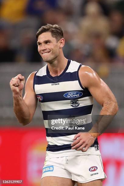 Tom Hawkins of the Cats celebrates a goal during the round nine AFL match between West Coast Eagles and the Geelong Cats at Optus Stadium on August...