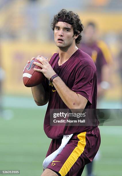 Brock Osweiler of the Arizona State University Sun Devils takes a few warm up throws prior to a game against the University of Southern California...